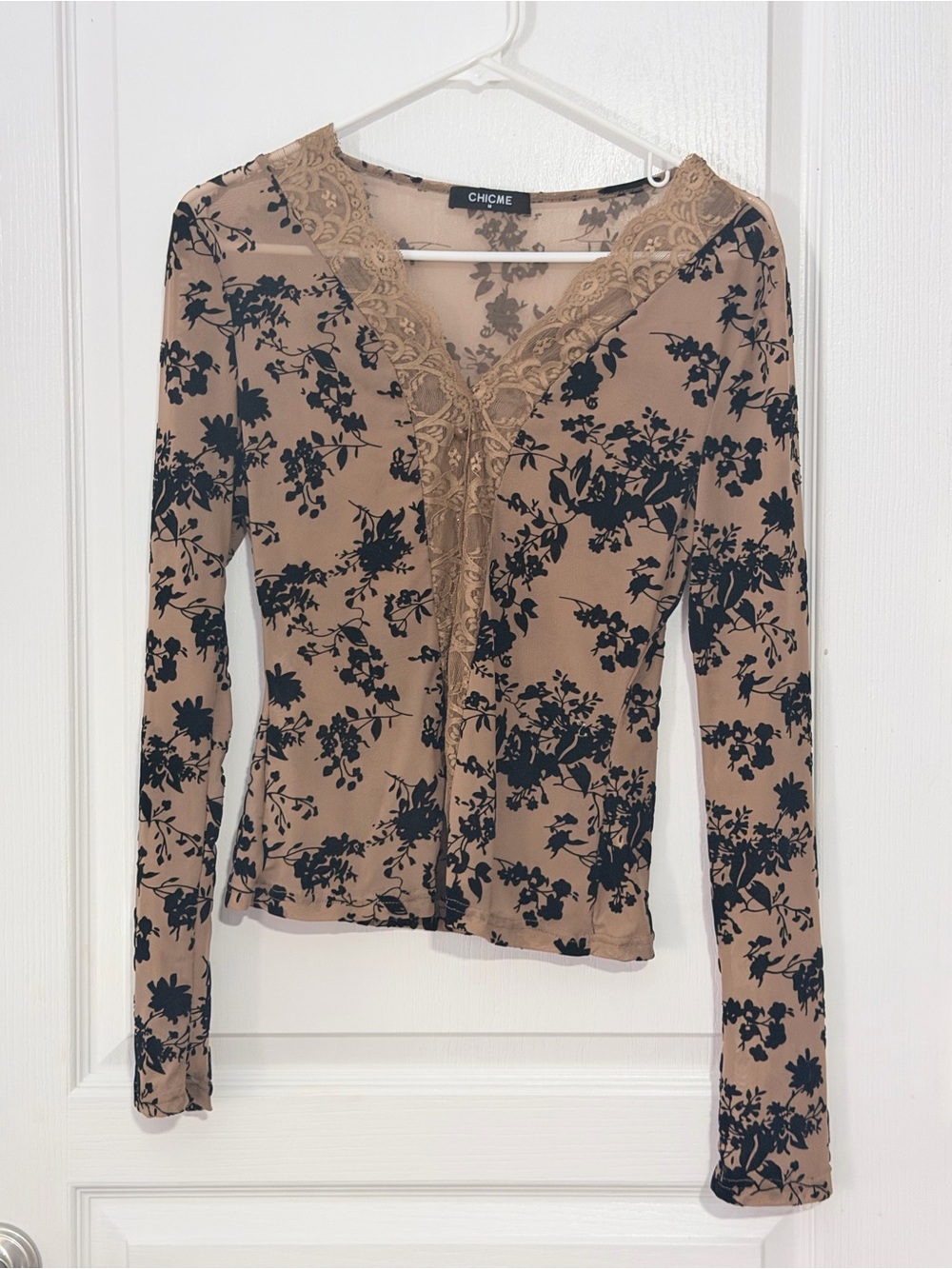 ChicMe Tan Floral Lace-Trim Long Sleeve Top